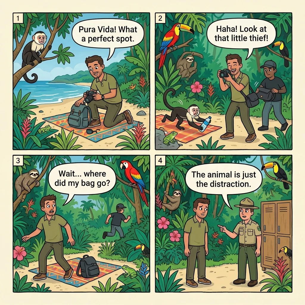 Capuchin & Raccoon Beach-Theft Distraction — comic illustration