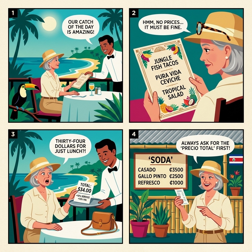 Manuel Antonio Strip Restaurant 'Gringo Menu' & Hidden Service-Charge Upcharge — comic illustration