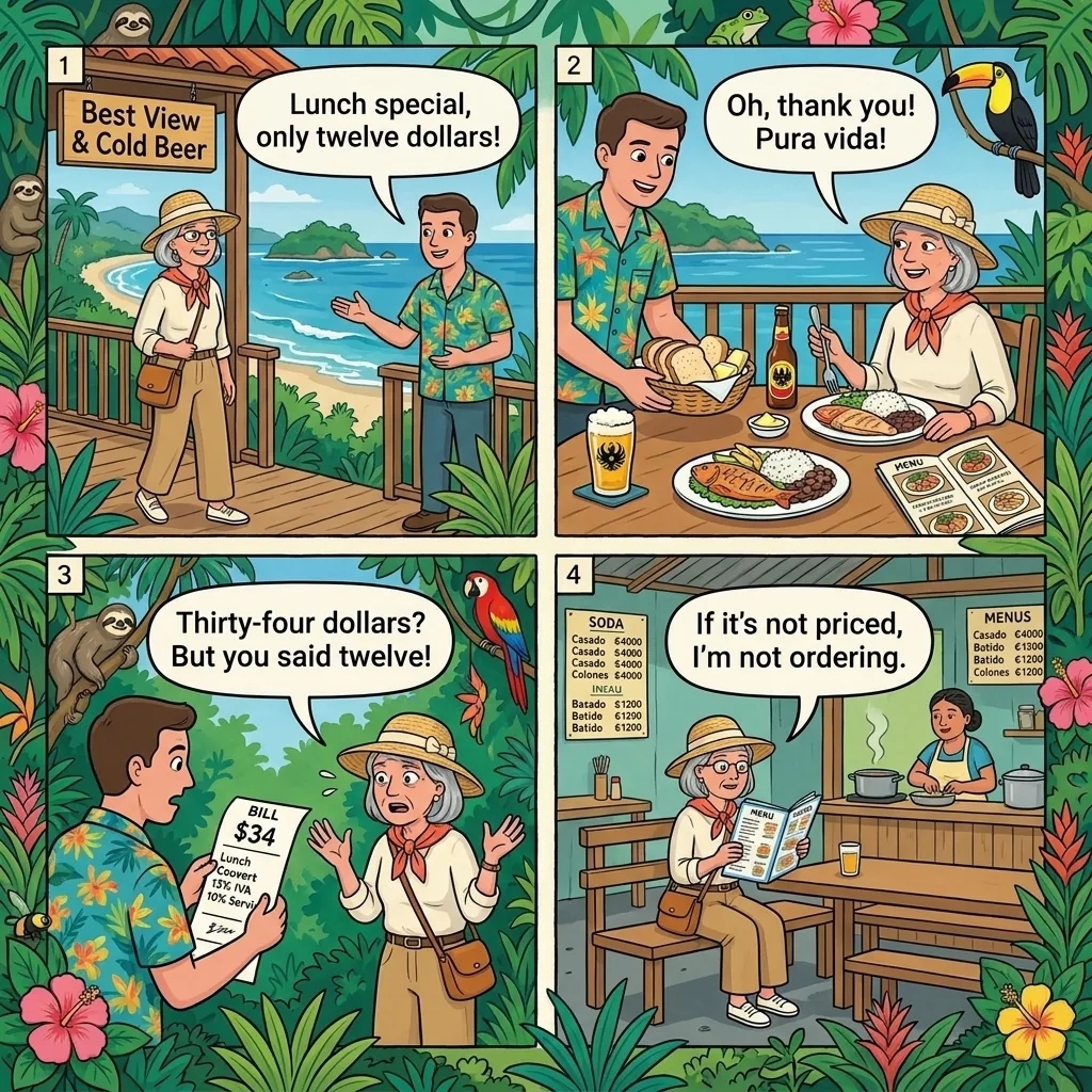 Manuel Antonio 'Gringo Menu' Service-Charge Upcharge — comic illustration