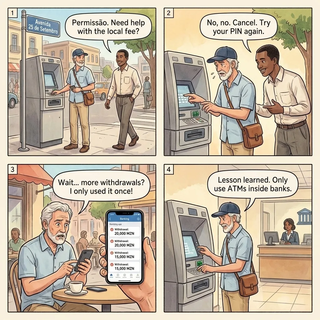 The Avenida 25 de Setembro ATM Cloner — comic illustration