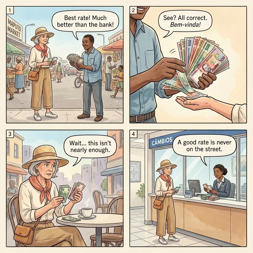 The Maputo Central Market Money-Changer Short-Count — comic illustration