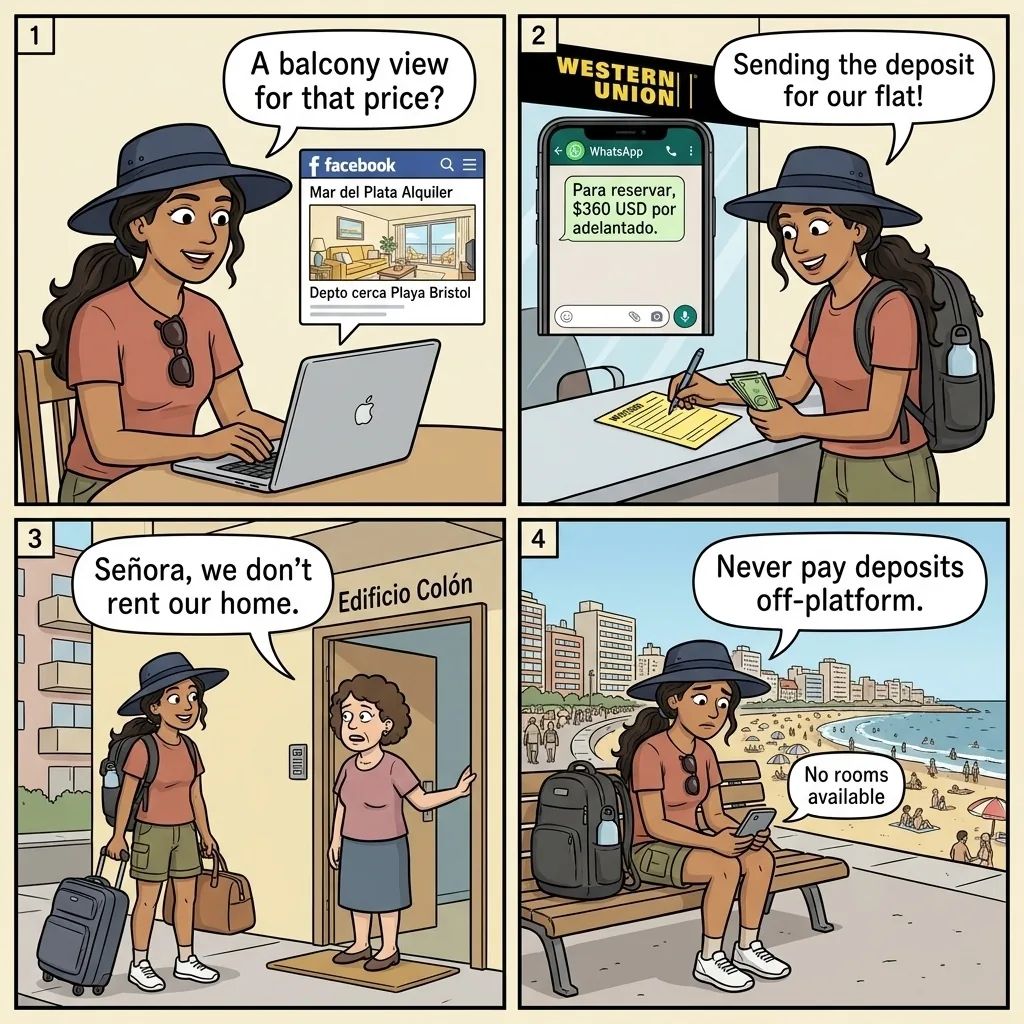 Temporada Apartment Rental Fraud (December–February) — comic illustration