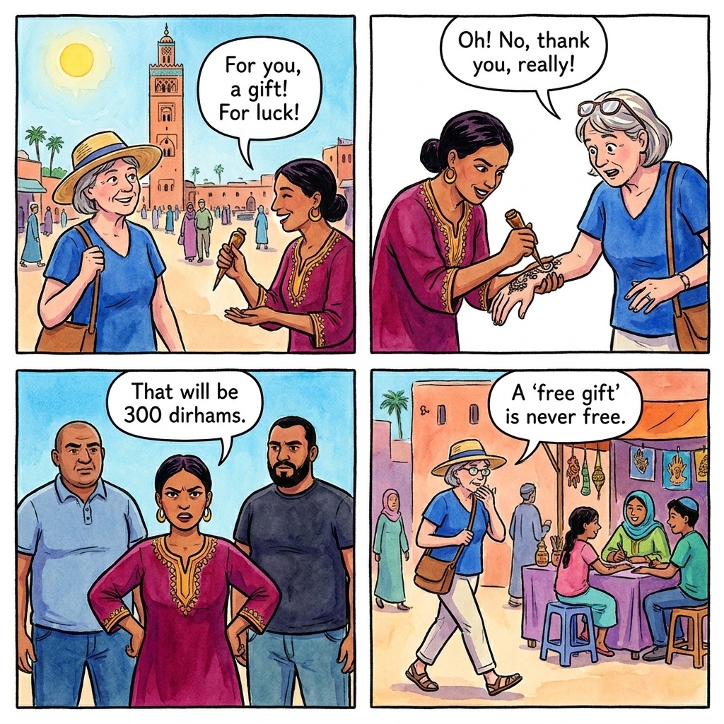 Marrakech Jemaa el-Fna friendship bracelet comic, tourist in the square approached by a street performer offering a coin trick that ends with a string on the wrist