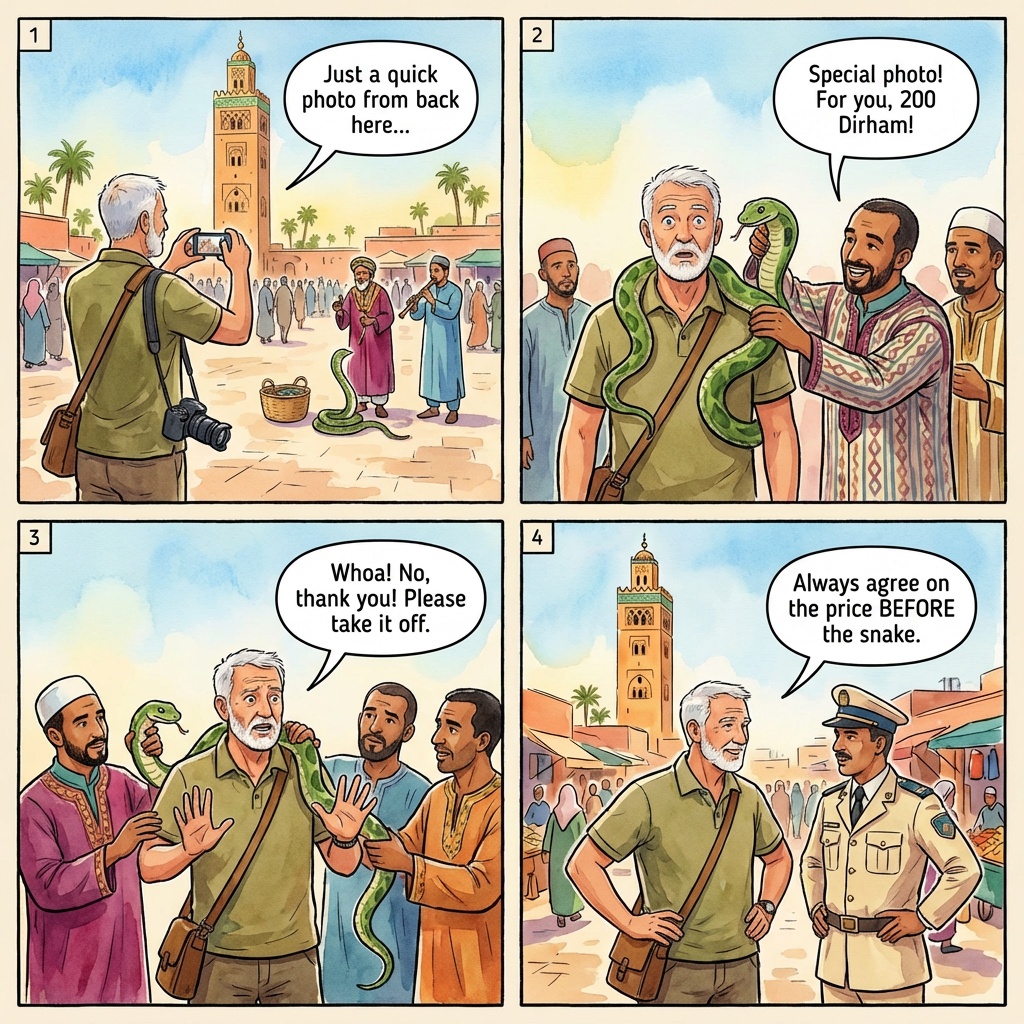 Marrakech medina riad off-platform deposit comic, tourist on phone with WhatsApp message from host requesting wire transfer outside Airbnb platform