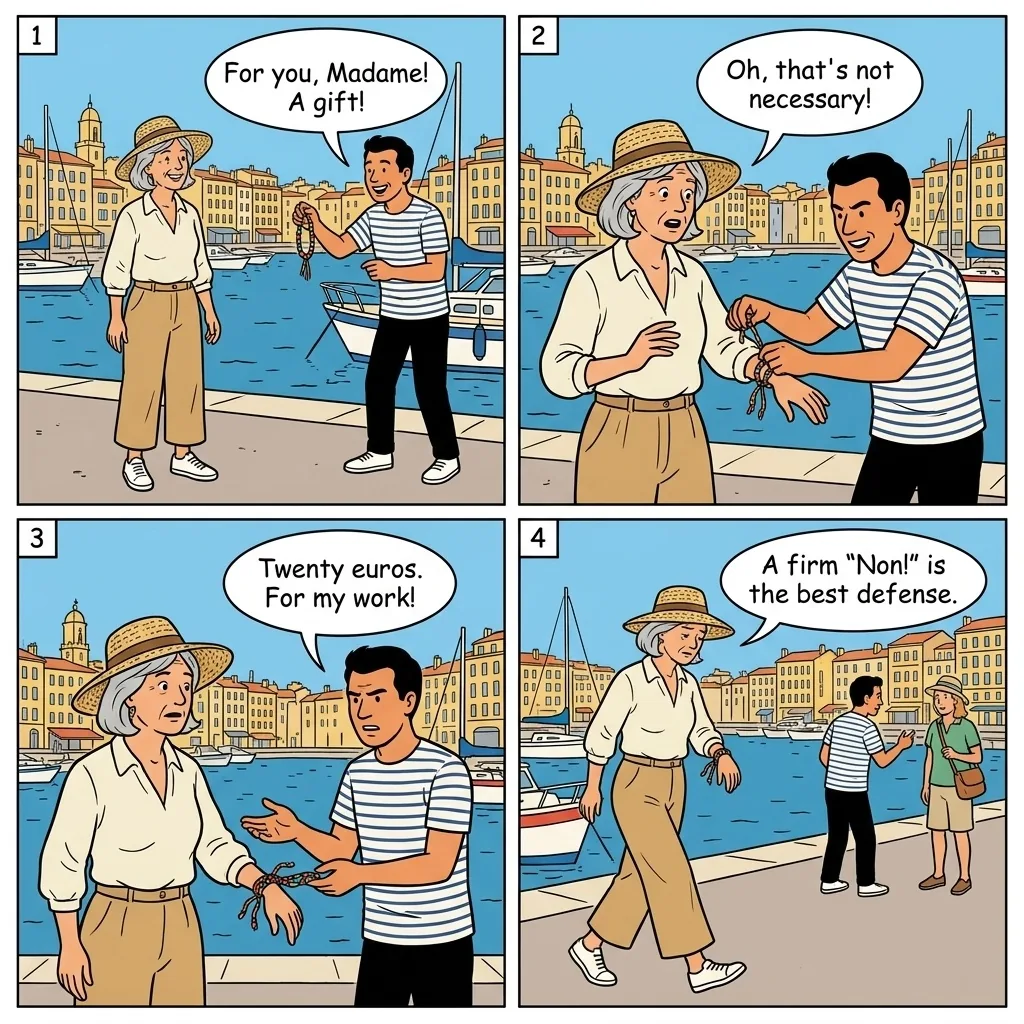 Friendship Bracelet/String Scam — comic illustration