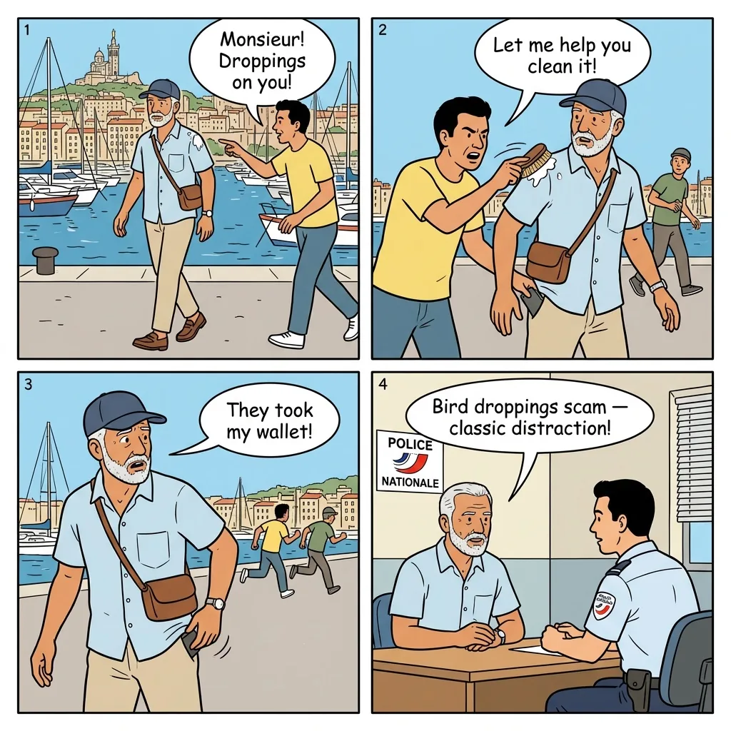 Bump and Spill Distraction Theft — comic illustration