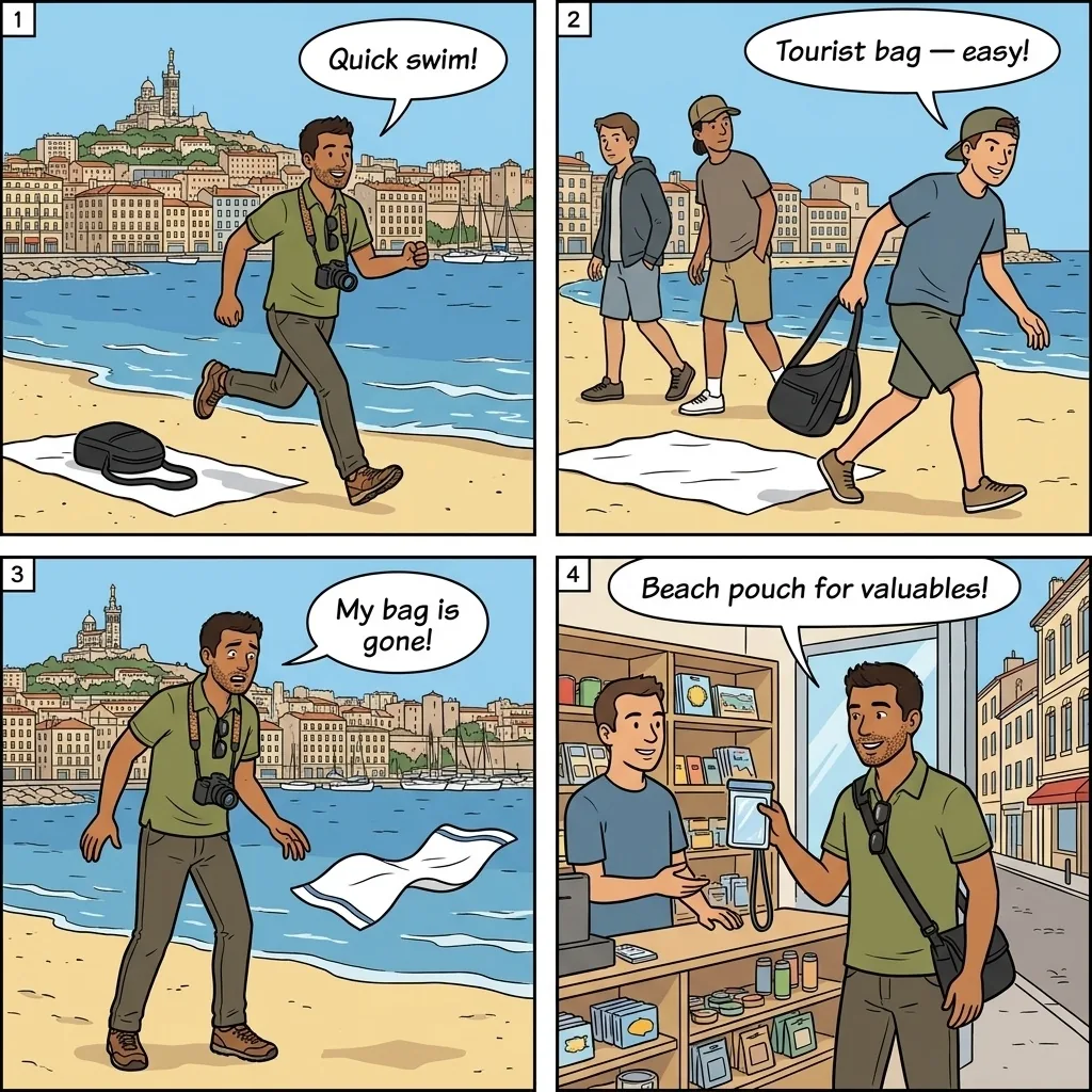 Beach Theft at Prado Beaches — comic illustration