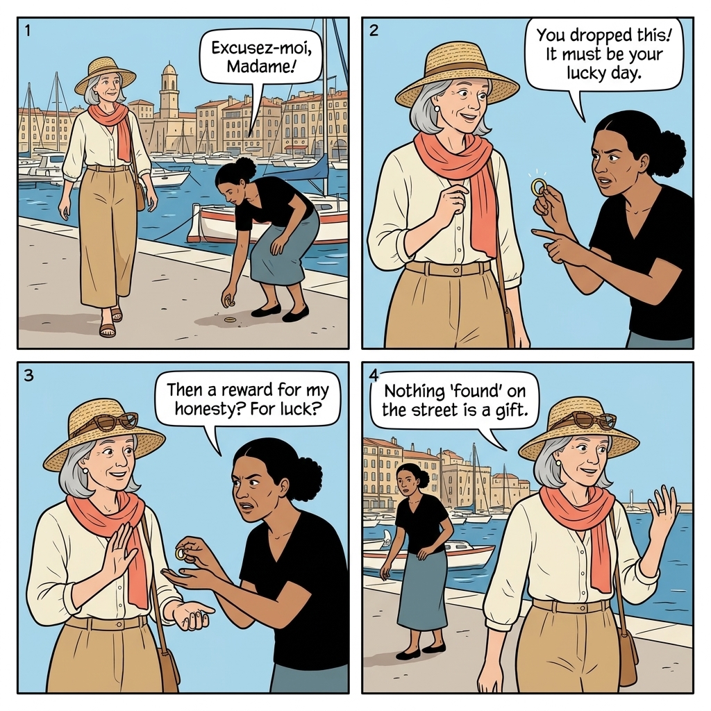 Marseille Vieux-Port gold ring scam comic — operator approaching a tourist along the quayside with a fake ring while sailboats line the harbor behind