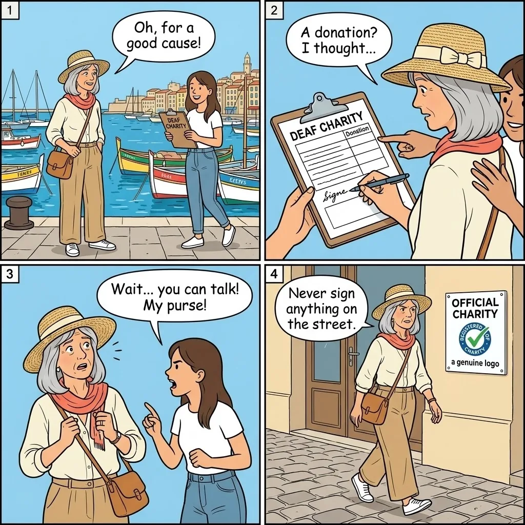 Fake Charity Petition Scam — comic illustration