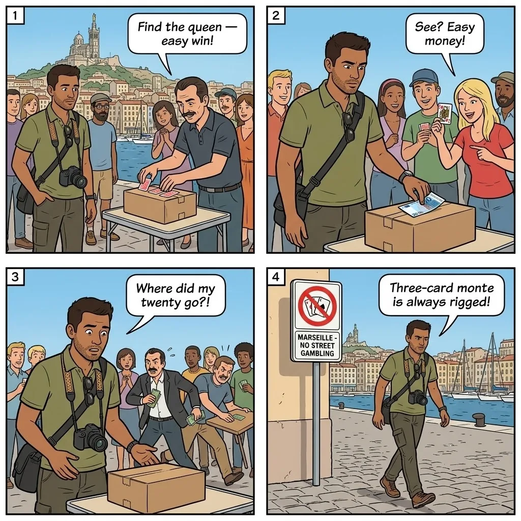 Three Card Monte / Shell Game — comic illustration