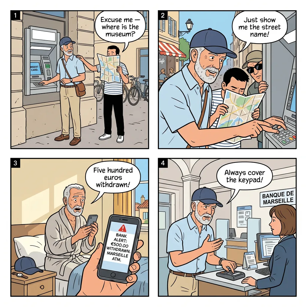 ATM Skimming / Card Trap Scam — comic illustration