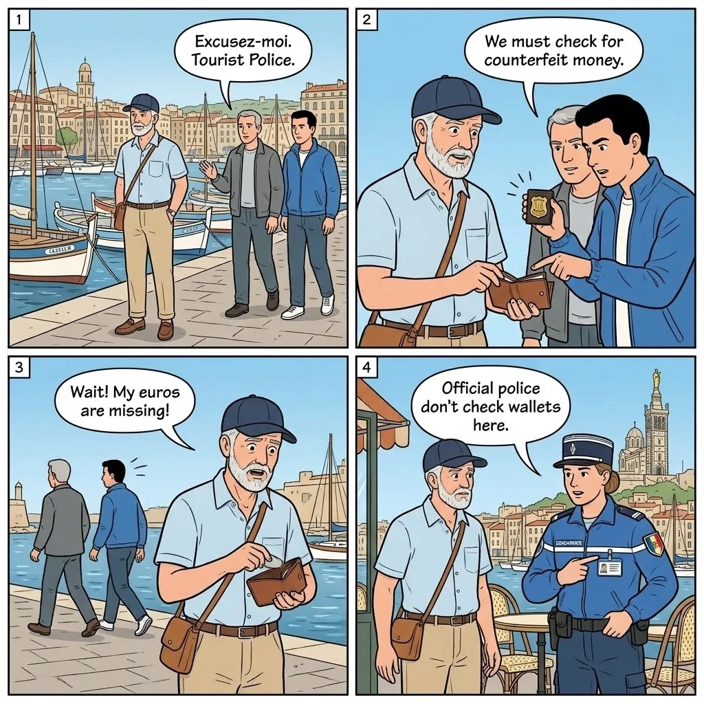 Fake Police Scam — comic illustration