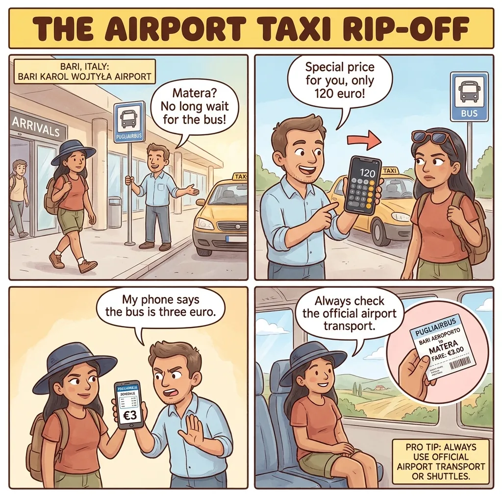 Bari Airport Taxi to Matera Inflated Quote — comic illustration