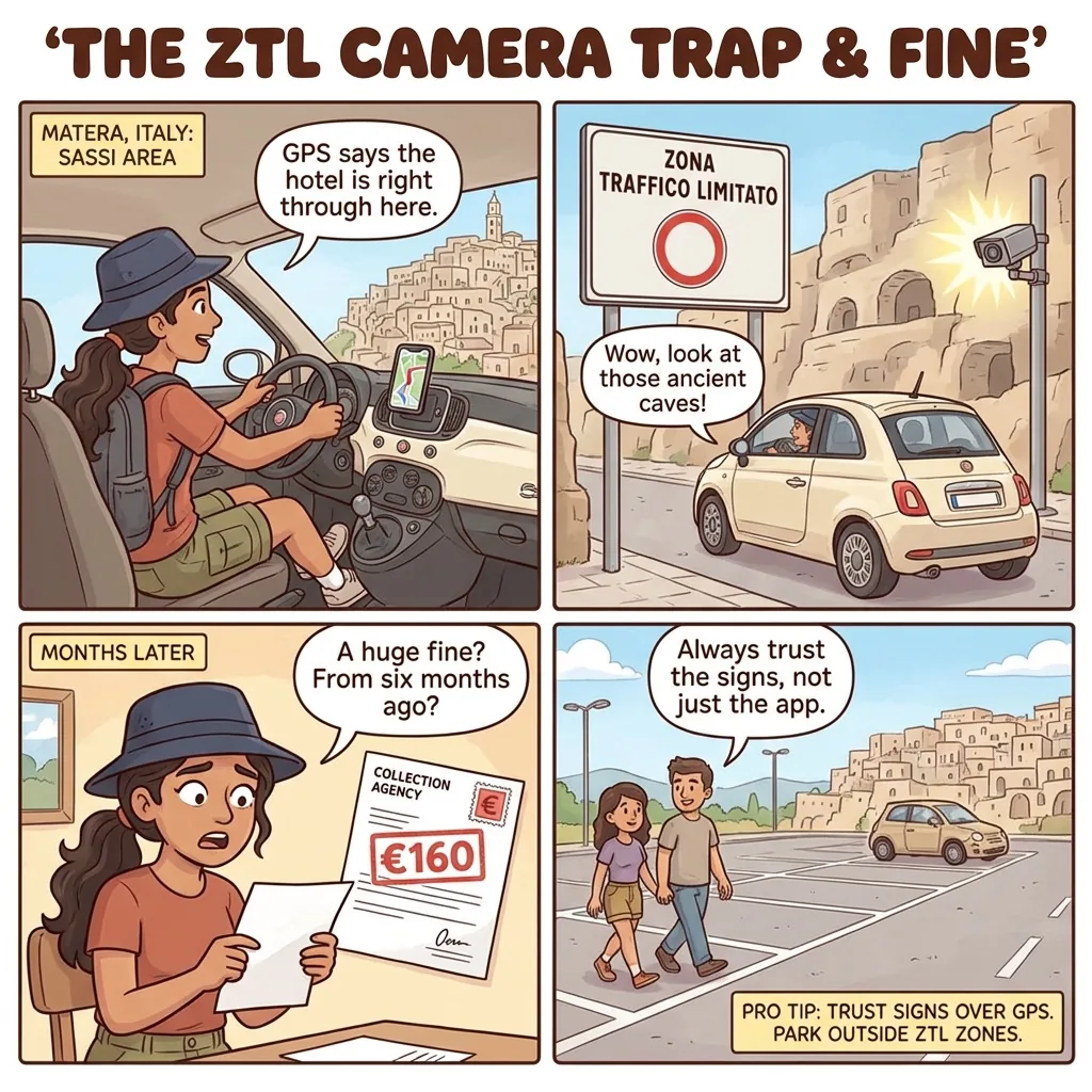 Matera ZTL Foreign-Plate Camera Fine — comic illustration