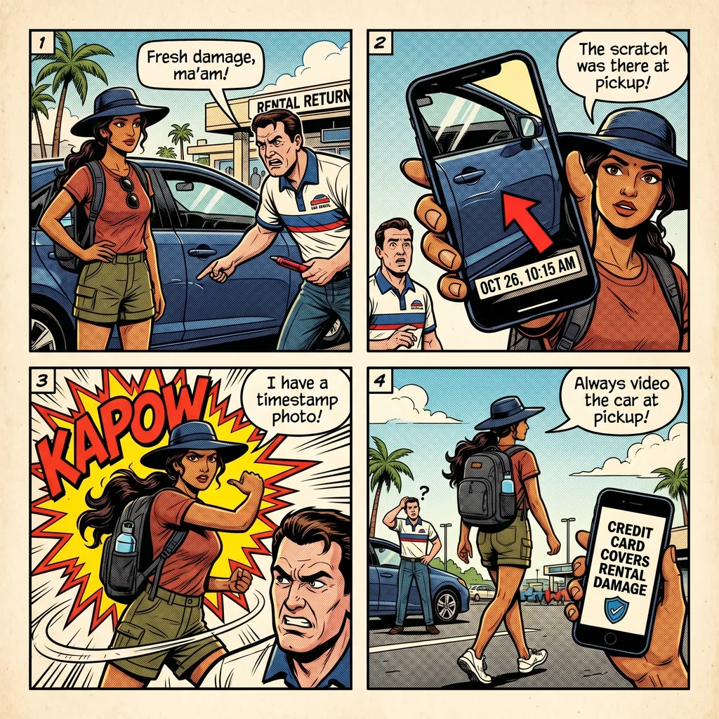 Maui Rental Car 'Damage Claim' & OGG Airport Rental Scams — comic illustration
