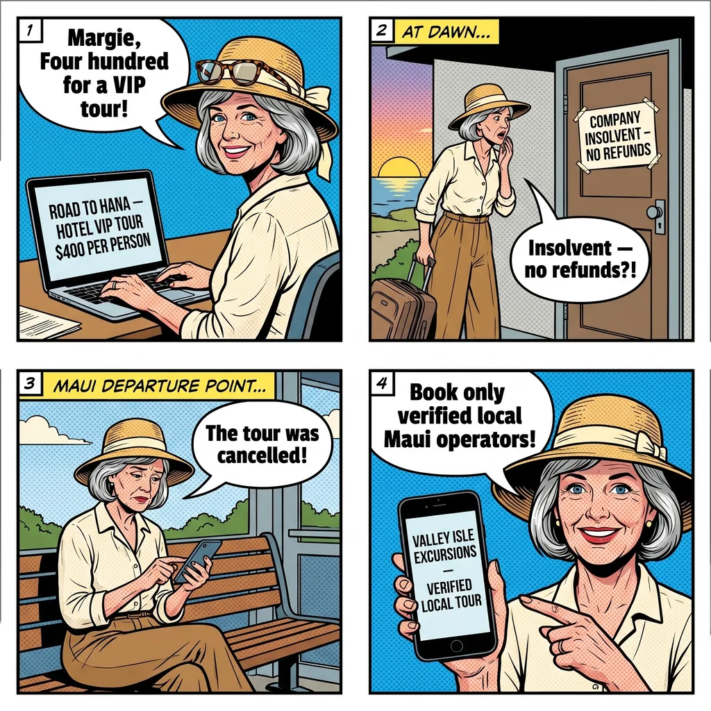 Maui Road to Hana Tour Bait-and-Switch & Insolvent Operator Risk — comic illustration
