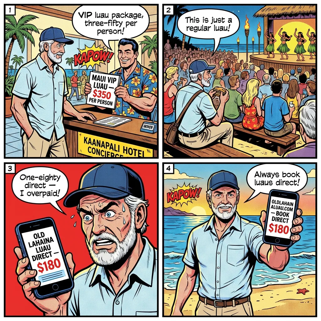 Maui Luau Tour Package Overcharge & 'Free Luau' Hook — comic illustration