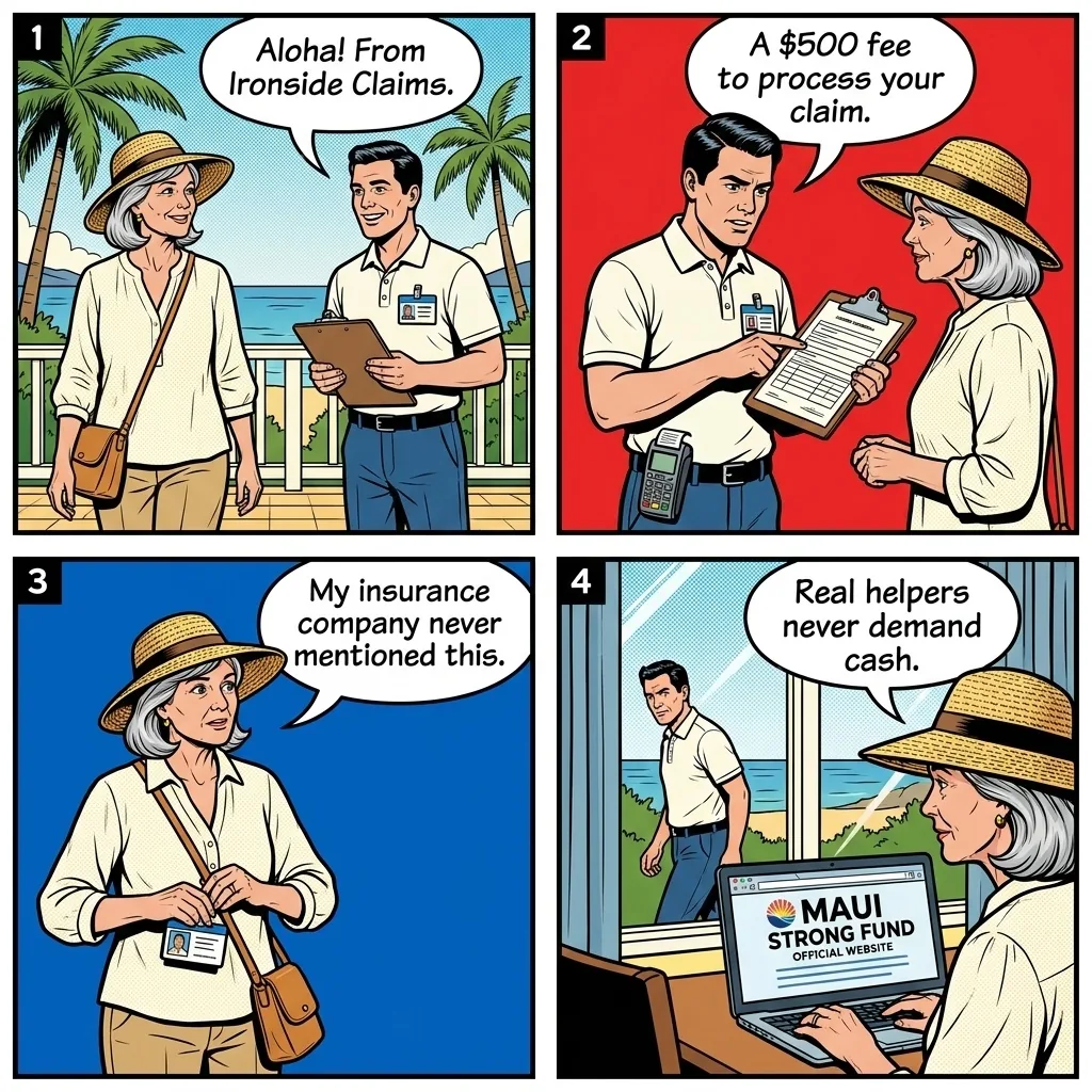 Post-Lahaina Wildfire 'Ironside Claims' & Recovery-Exploitation Scam — comic illustration