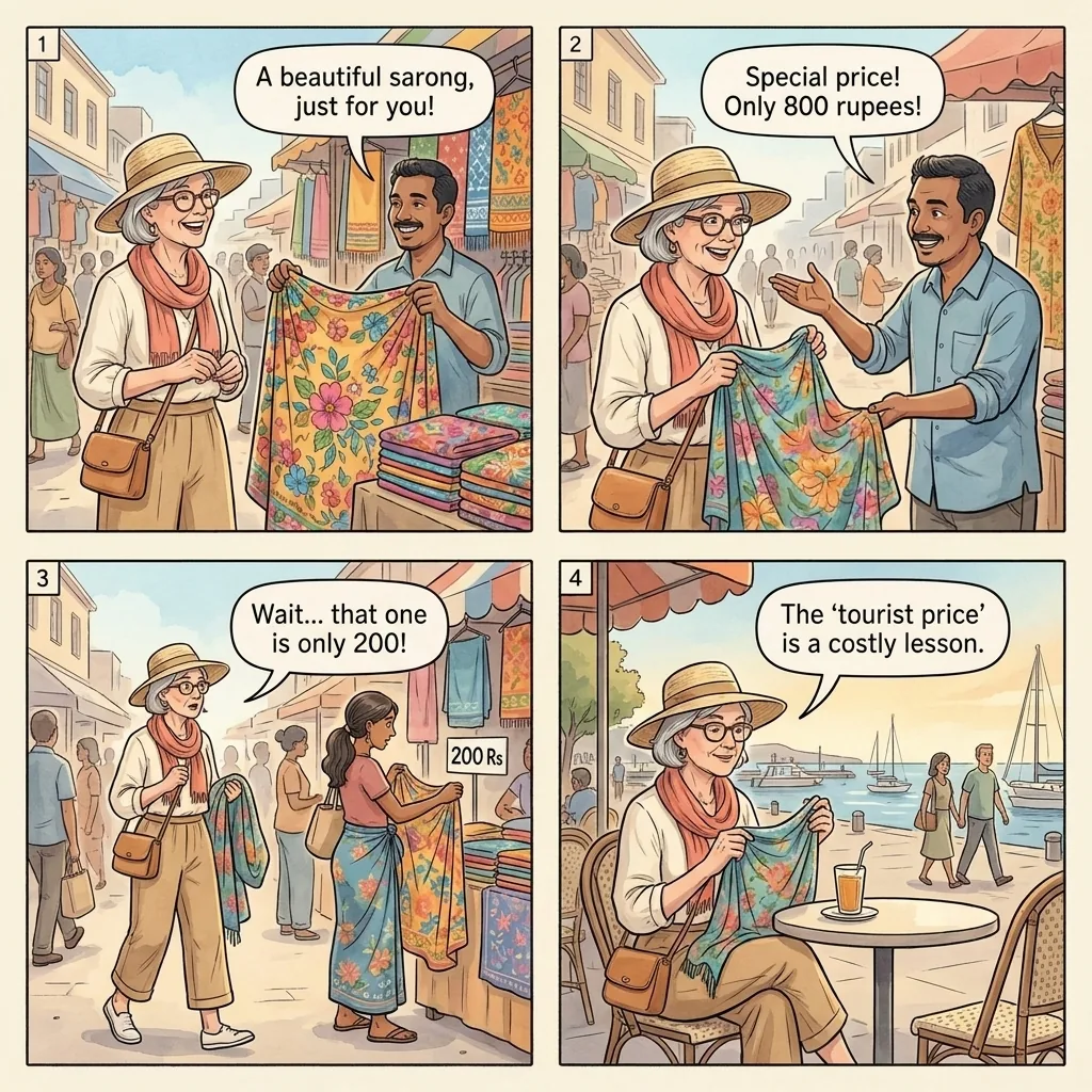 Port Louis Central Market Tourist Price Inflation — comic illustration