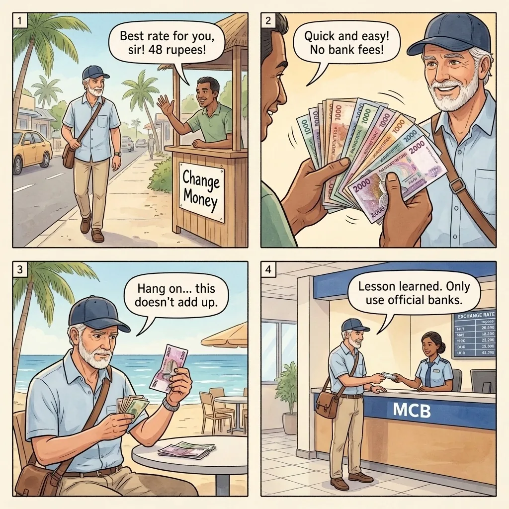 Street Currency Exchange Fraud — comic illustration