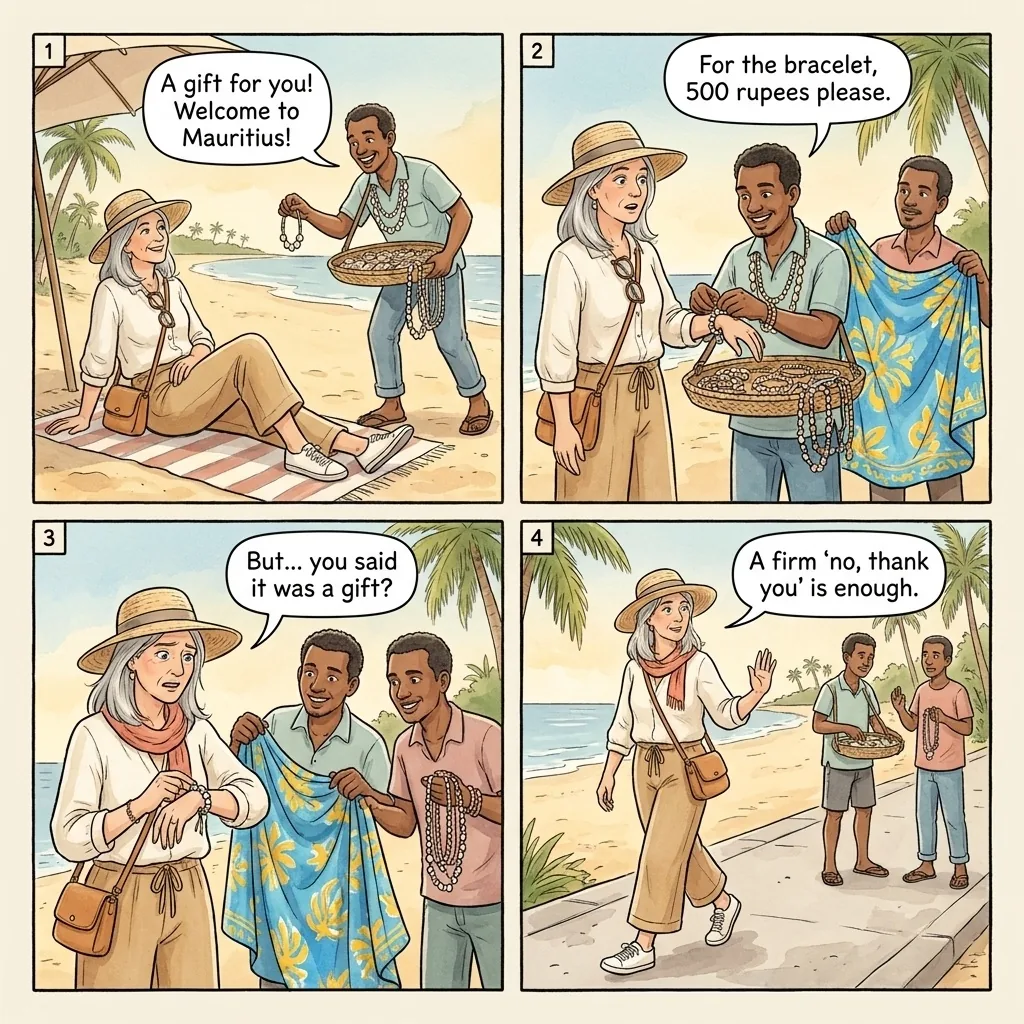 Beach Vendor 'Free Gift' Pressure Sale — comic illustration
