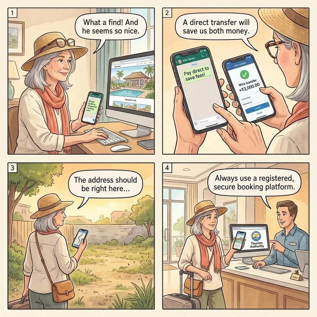 Fake Booking Websites and Accommodation Scam — comic illustration