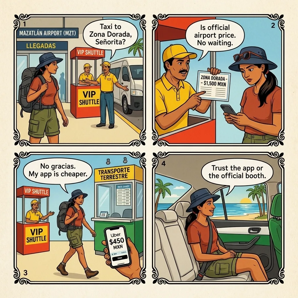 MZT Airport Shuttle Overcharge — comic illustration