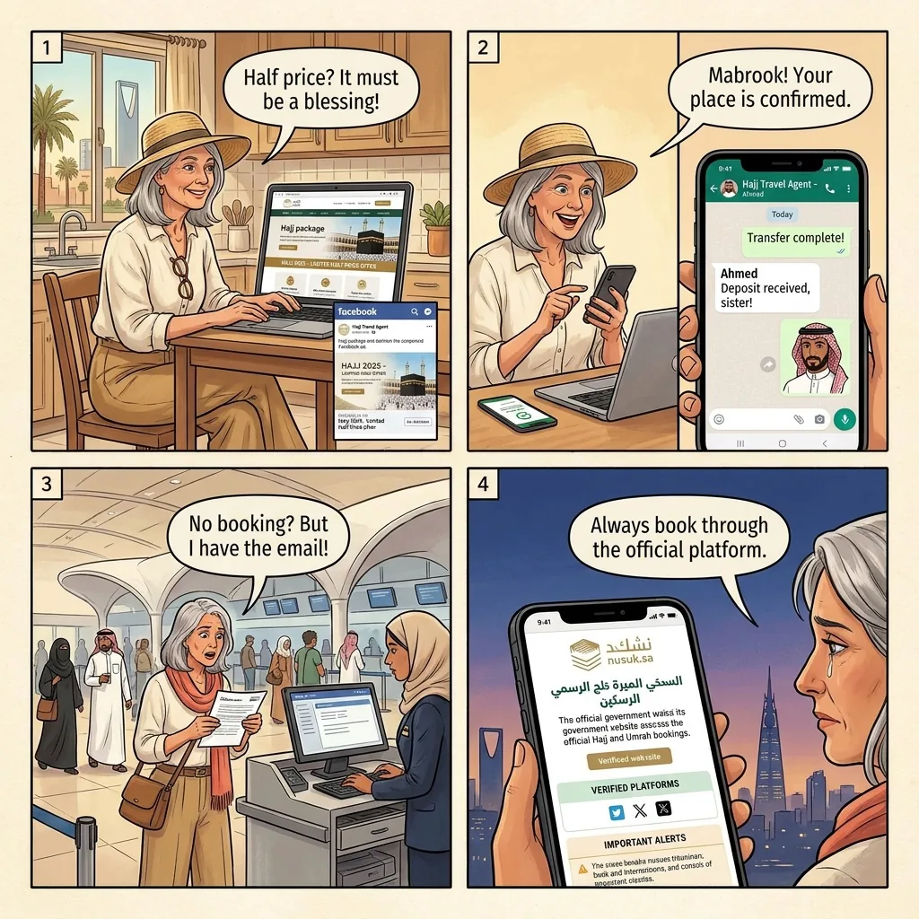 The Fake Hajj/Umrah Package Operator — comic illustration