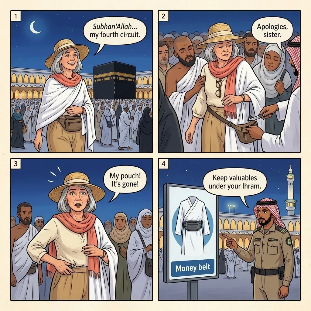 The Masjid al-Haram Tawaf Pickpocket Ring — comic illustration