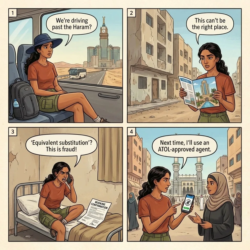 The Umrah Hotel Bait-and-Switch — comic illustration