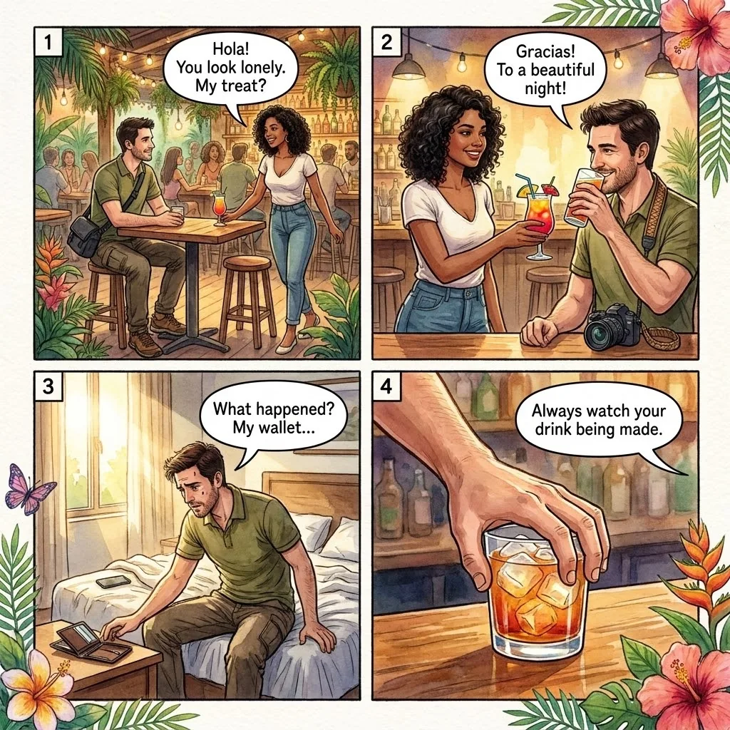 Scopolamine Drugging in El Poblado Nightlife — comic illustration