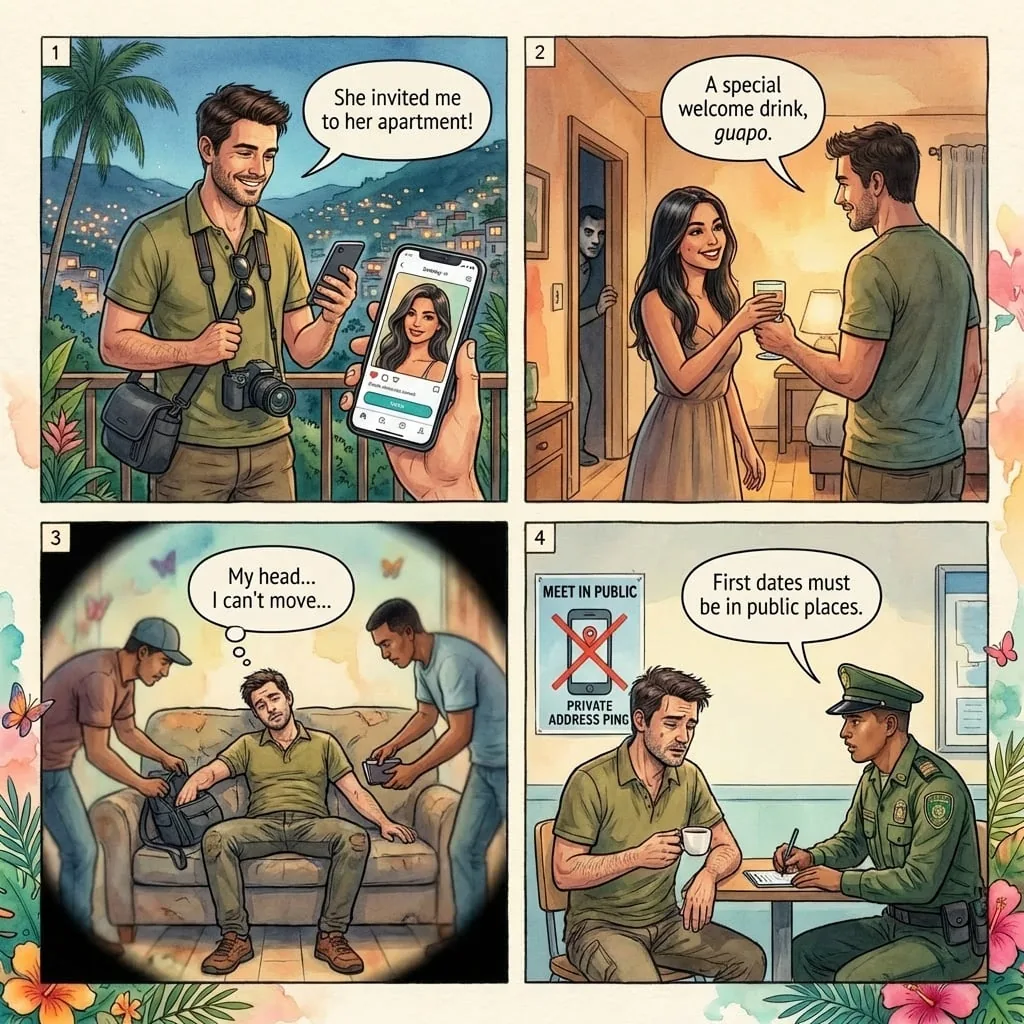 Tinder, Bumble, and Grindr Honeytrap Robbery — comic illustration