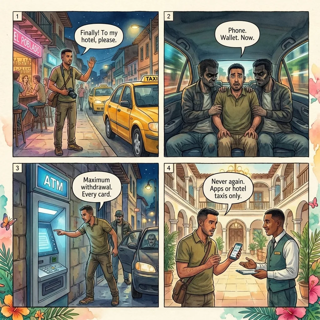 Paseo Millonario — Express Kidnapping by Fake Taxi — comic illustration