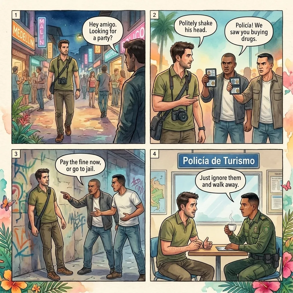 Fake Police Drug-Search Shakedown — comic illustration