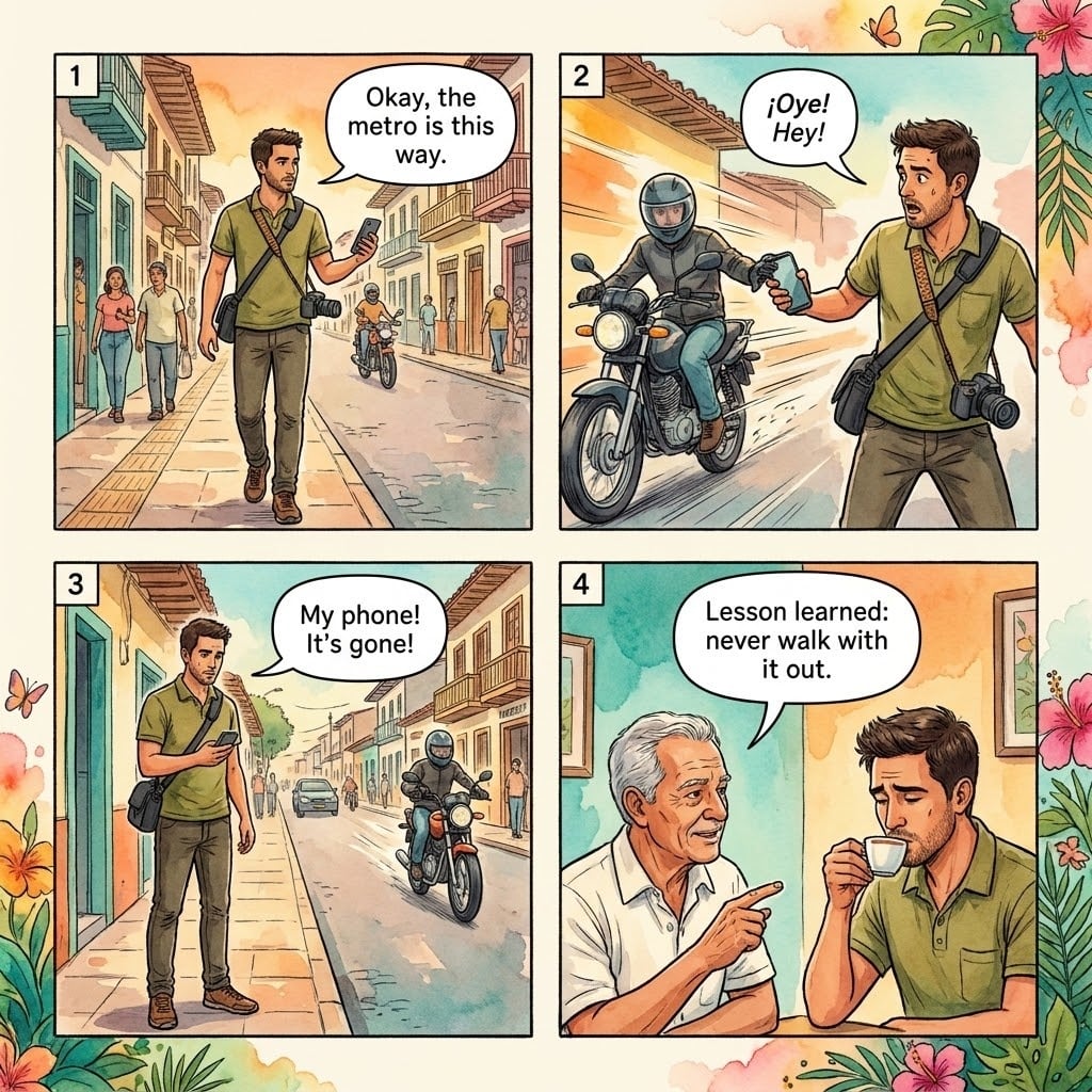 Medellin El Poblado motorcycle phone-snatch comic, tourist on Calle 10 at night with a Parque Lleras nightlife backdrop while a motorbike rider reaches across