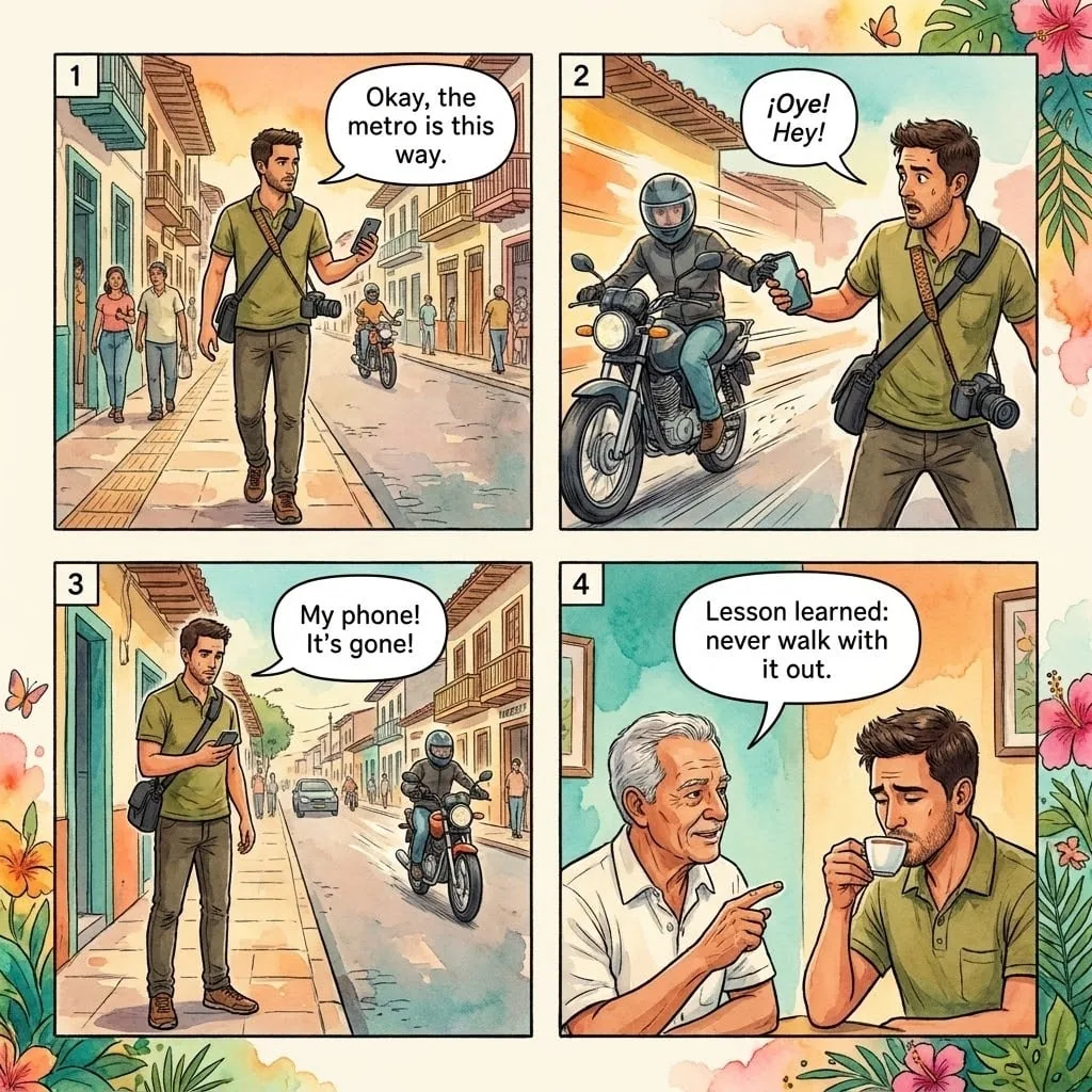 Motorcycle Phone Snatch in Laureles and Carrera 70 — comic illustration