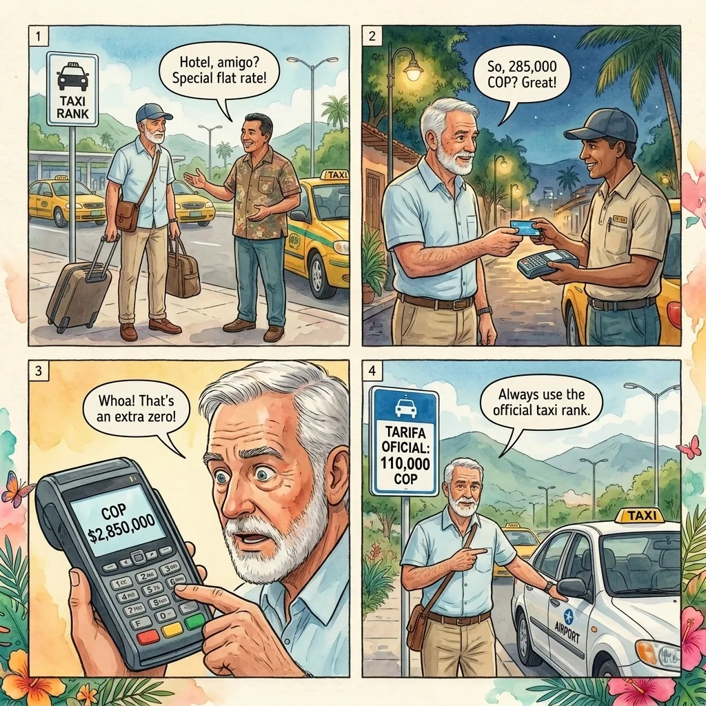 José María Córdova Airport Taxi and Uber Overcharge — comic illustration