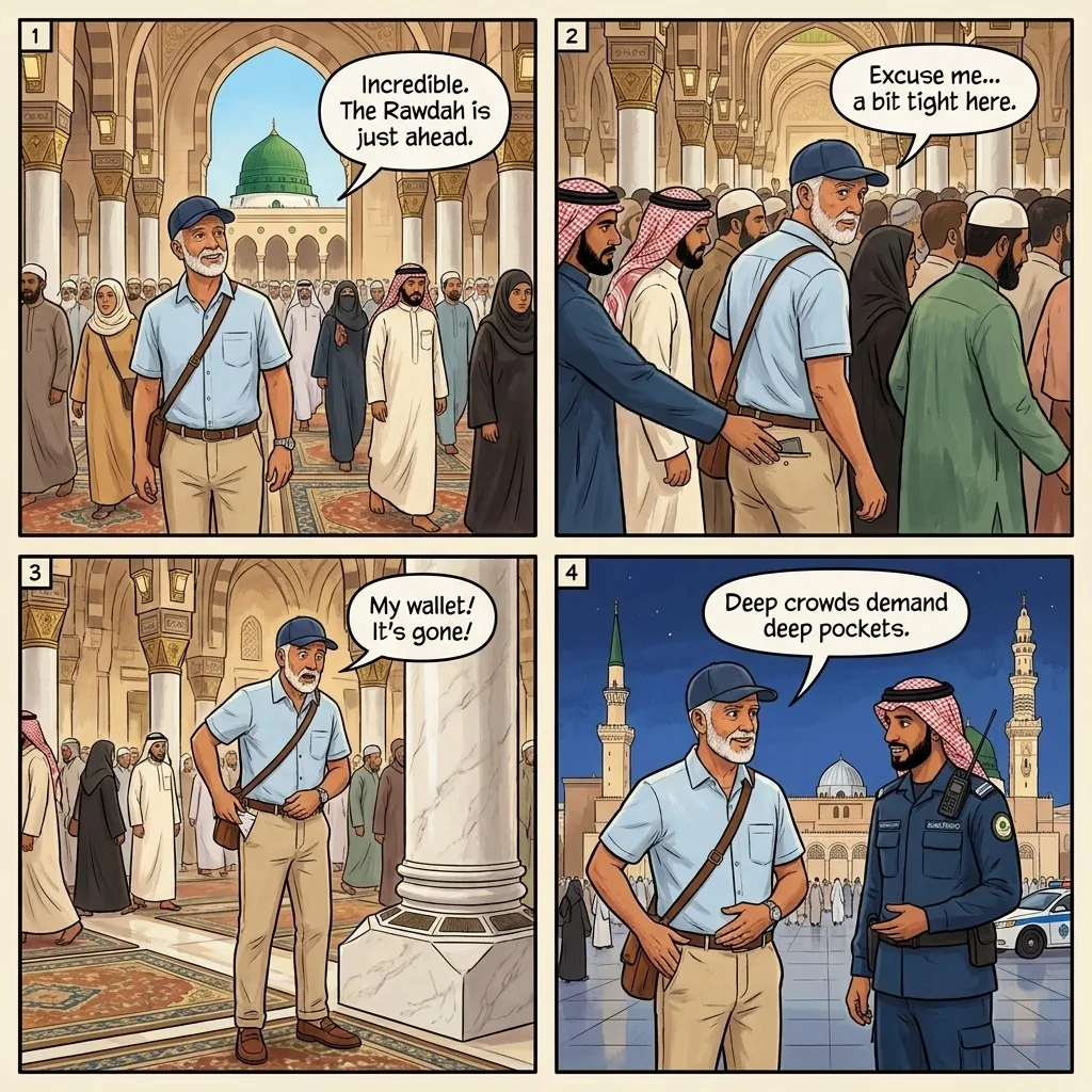 The Pickpocket Prayer Crowd — comic illustration