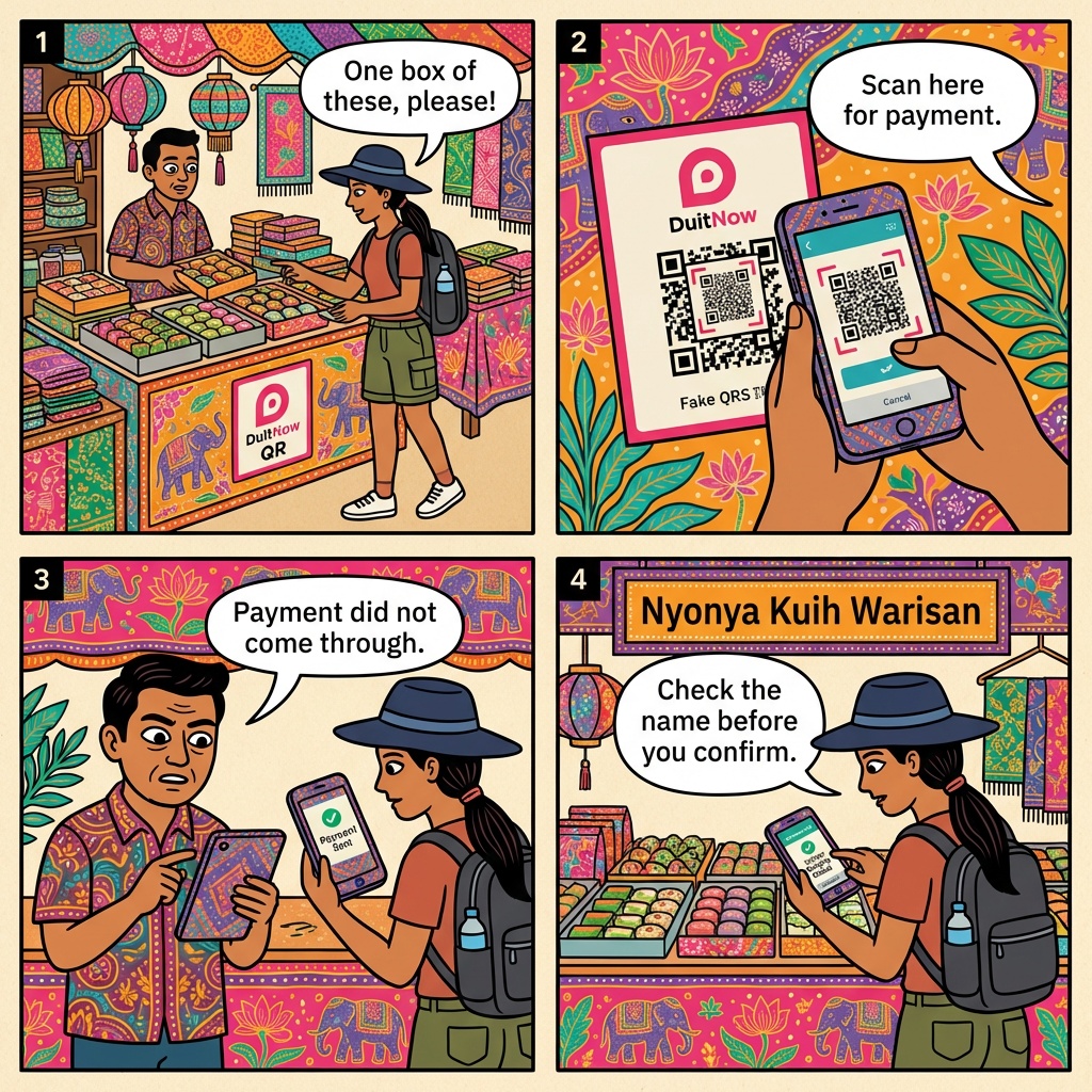 Melaka QR-Code Receipt Scam — Fake Payment Proof at Retailers — comic illustration