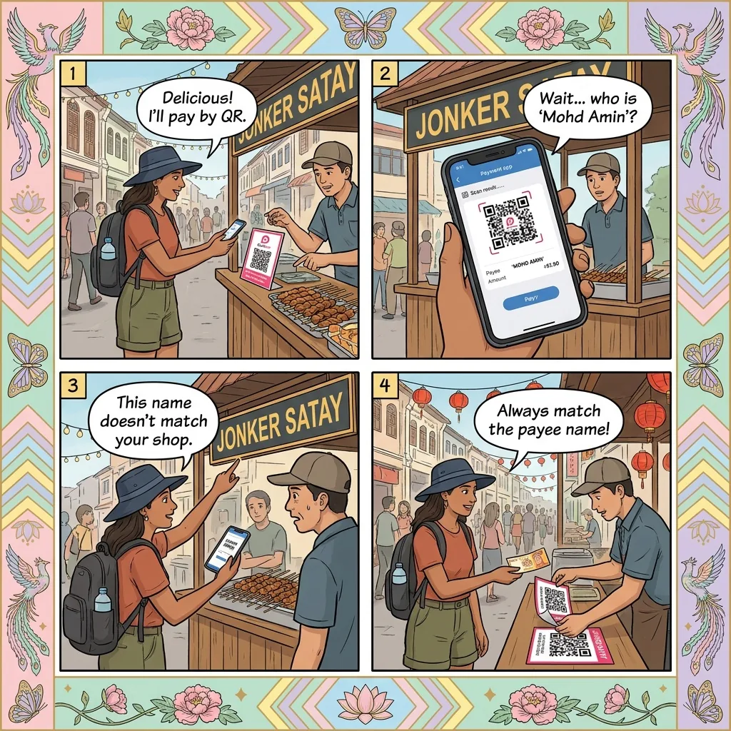 Melaka QR-Code Receipt Scam — Fake Payment Proof at Retailers — comic illustration