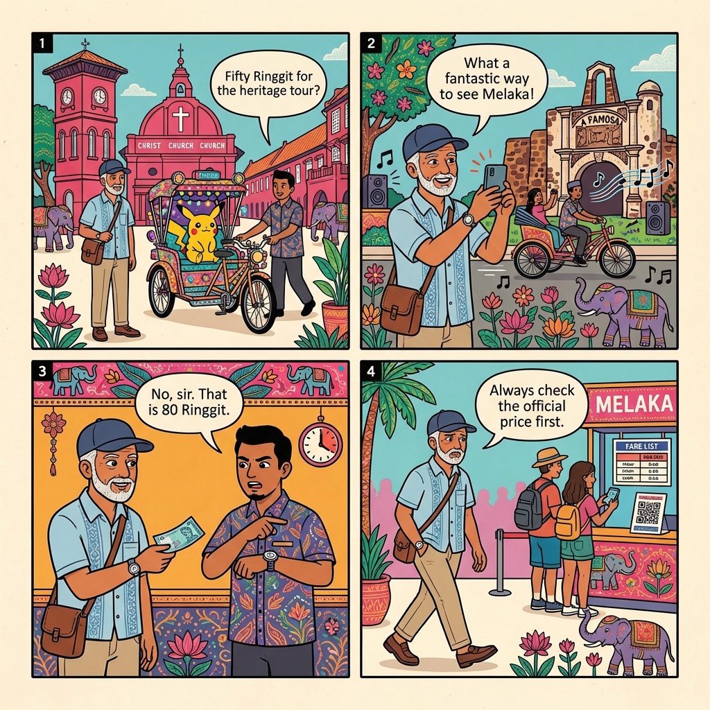 Melaka Trishaw (Beca) Bait-and-Switch Overcharge — comic illustration