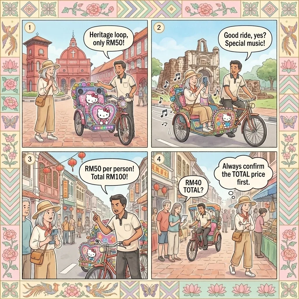 Melaka Trishaw (Beca) Bait-and-Switch Overcharge — comic illustration