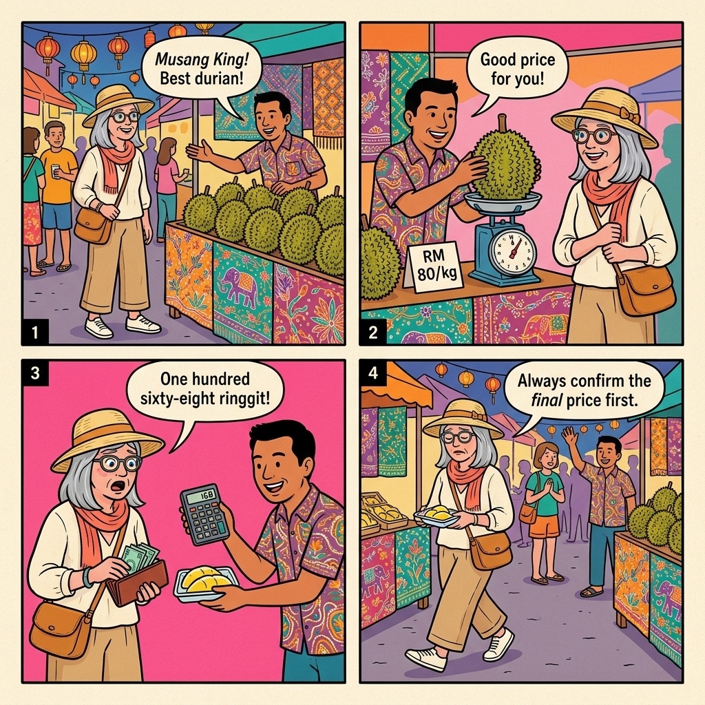 Jonker Street Night-Market Food & Durian Overcharge — comic illustration