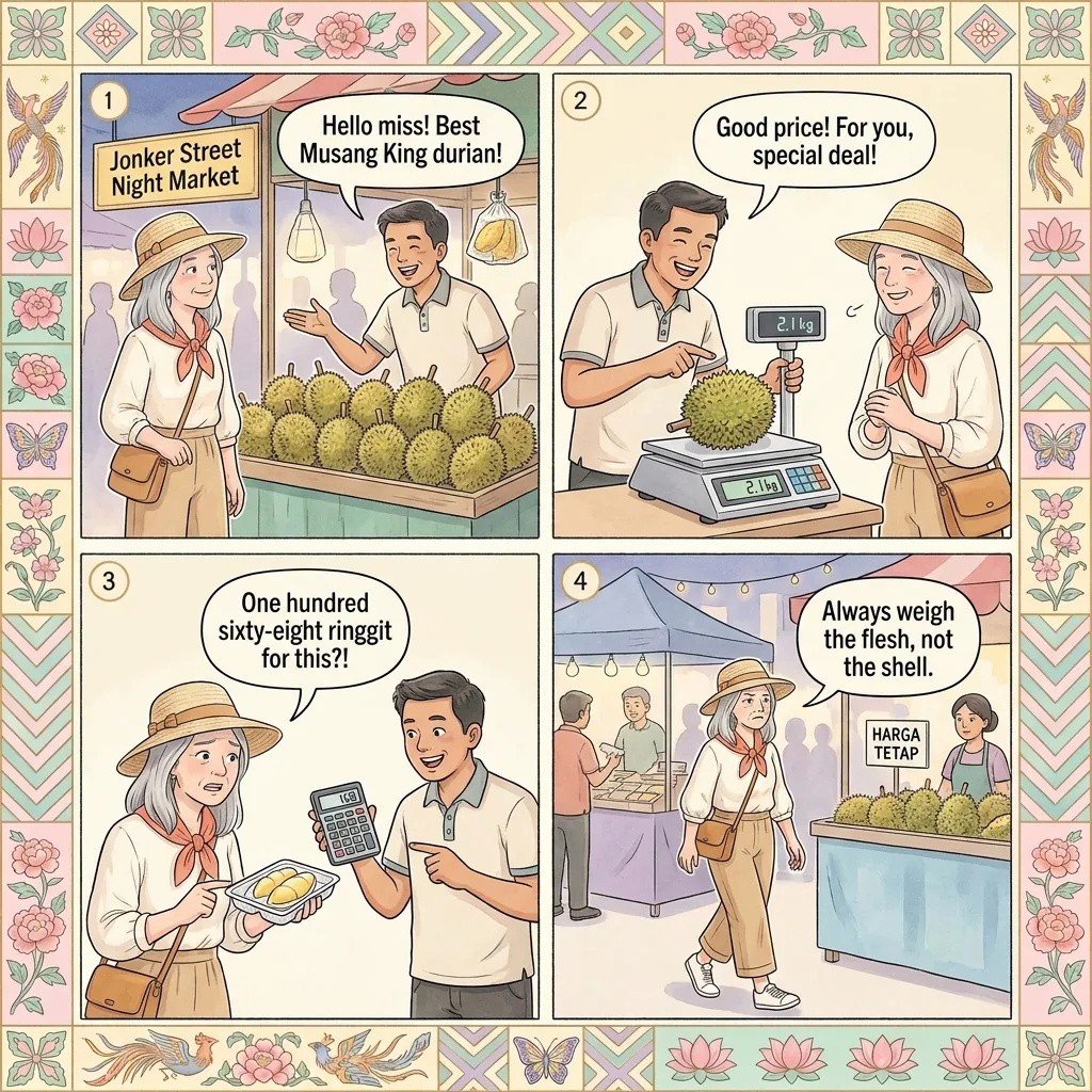 Jonker Street Night-Market Food & Durian Overcharge — comic illustration