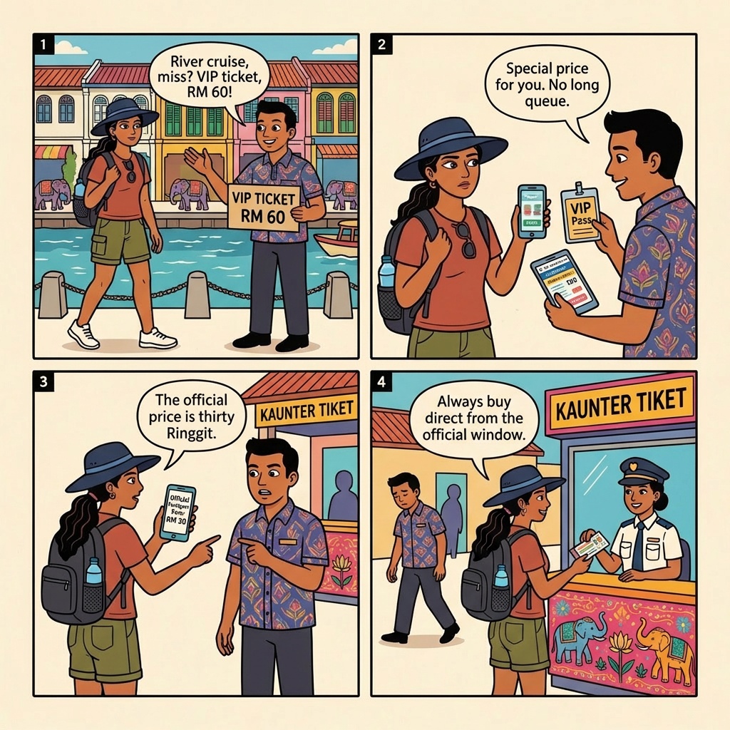 Melaka River Cruise Unofficial-Ticket & Tout Overcharge — comic illustration