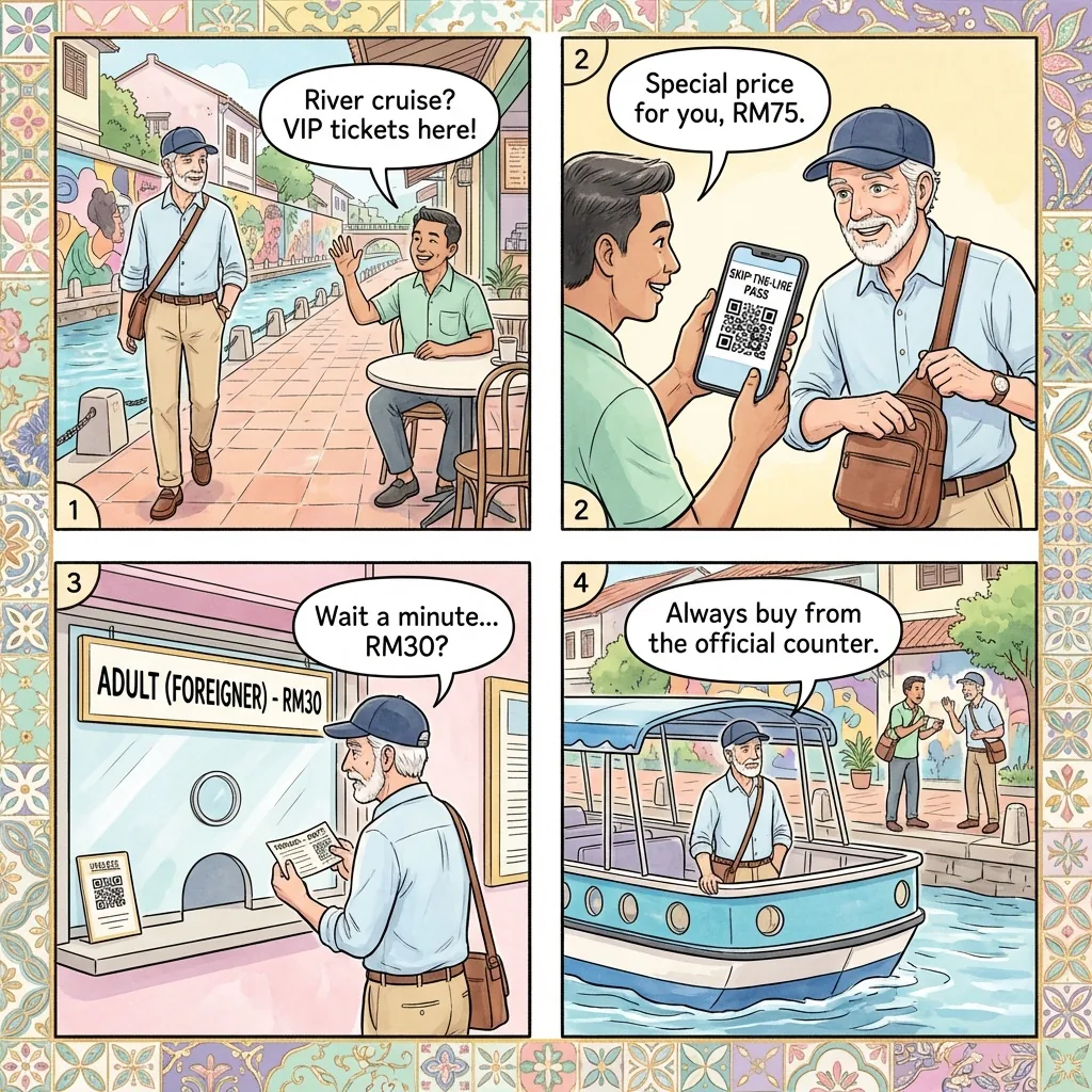 Melaka River Cruise Unofficial-Ticket & Tout Overcharge — comic illustration