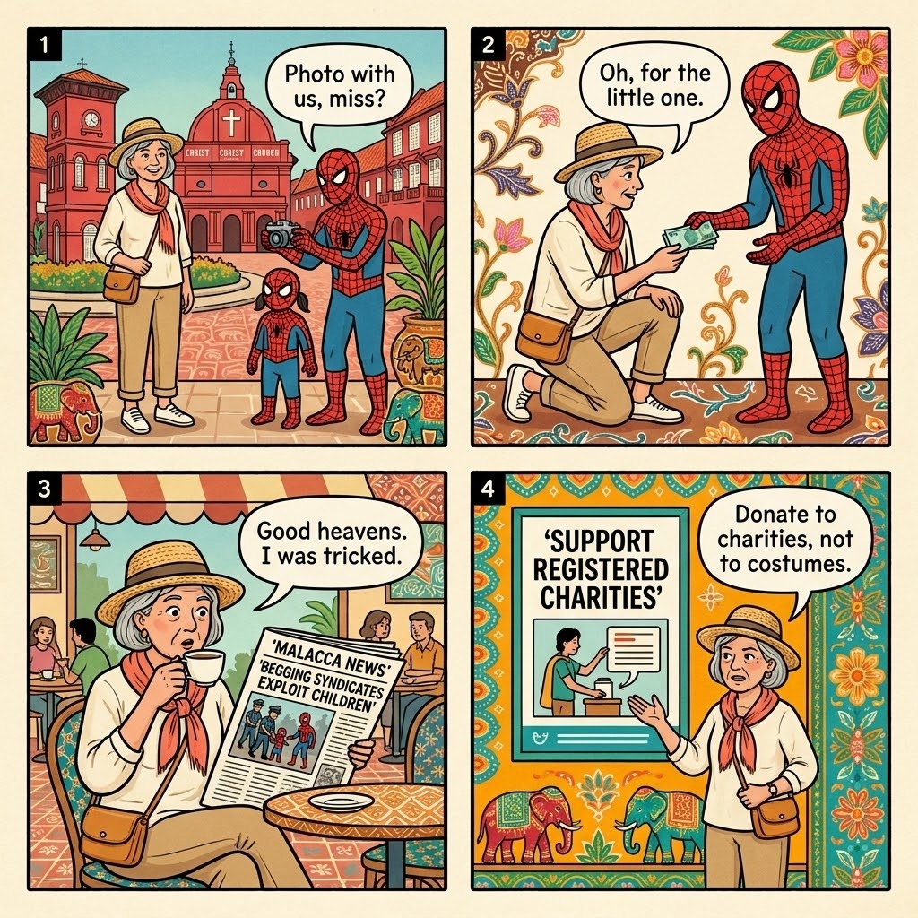 Melaka Costumed-Character Beggar (Spider-Man/Frog) & Child-Exploitation Scam — comic illustration