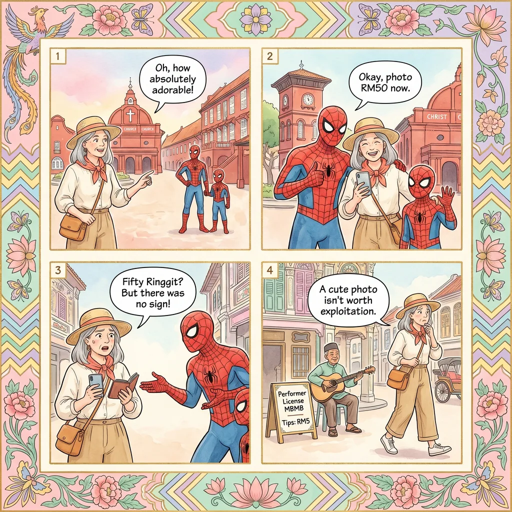Melaka Costumed-Character Beggar (Spider-Man/Frog) & Child-Exploitation Scam — comic illustration