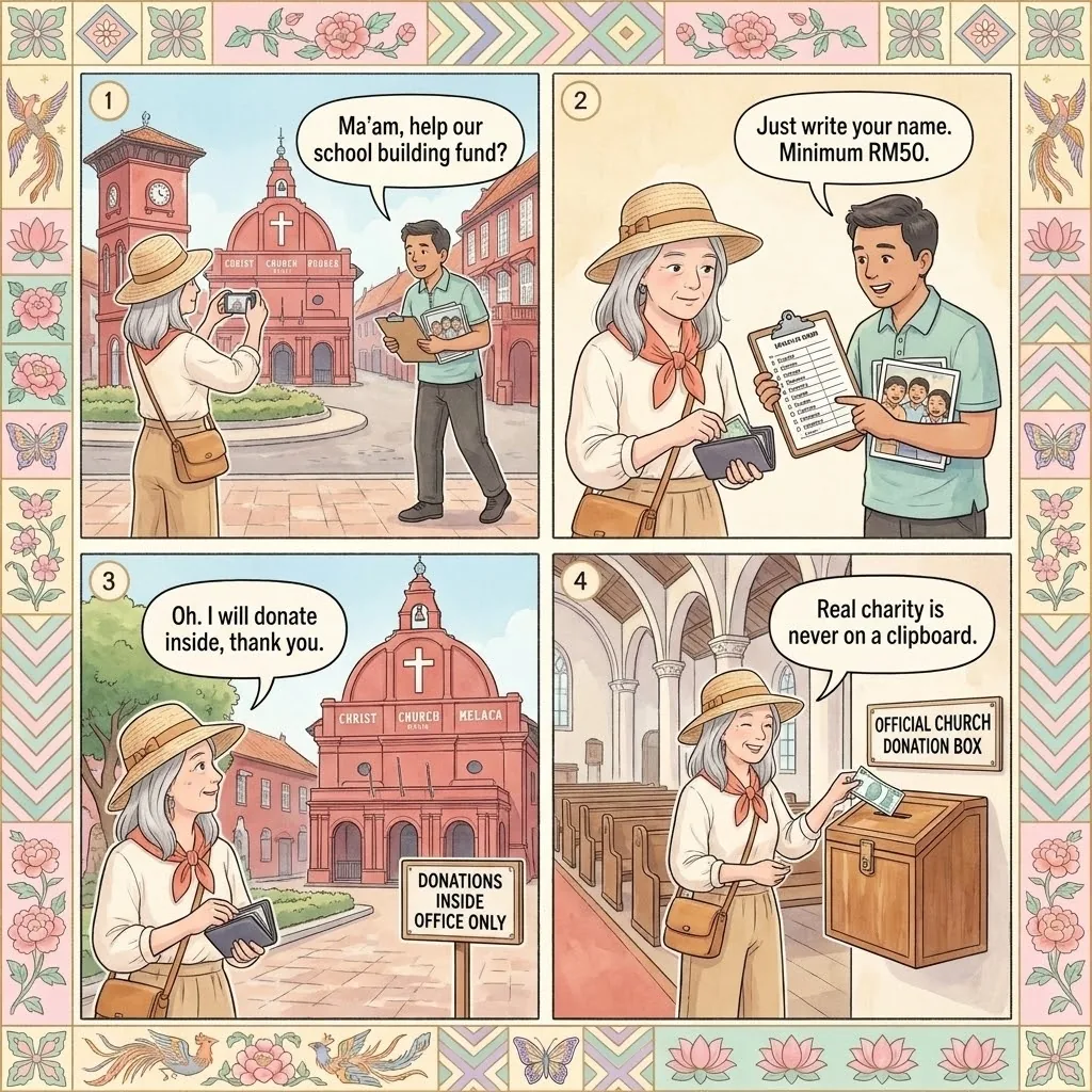 Melaka Fake-Donation & Charity-Solicitor Scam — comic illustration