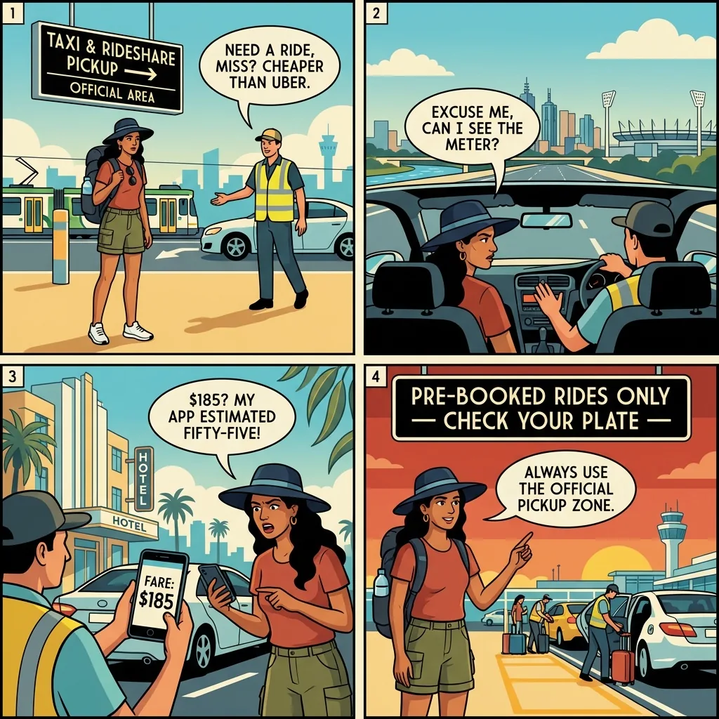 Melbourne Airport Fake Taxi / DiDi Bait Scam — comic illustration